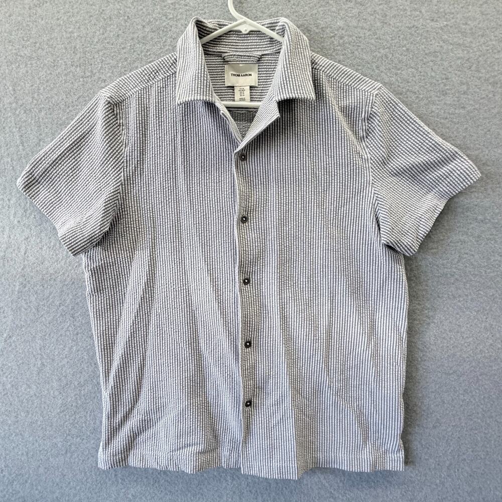 THOM AARON Seersucker Shirt Mens M Gray Striped Textured Short Sleeve Casual